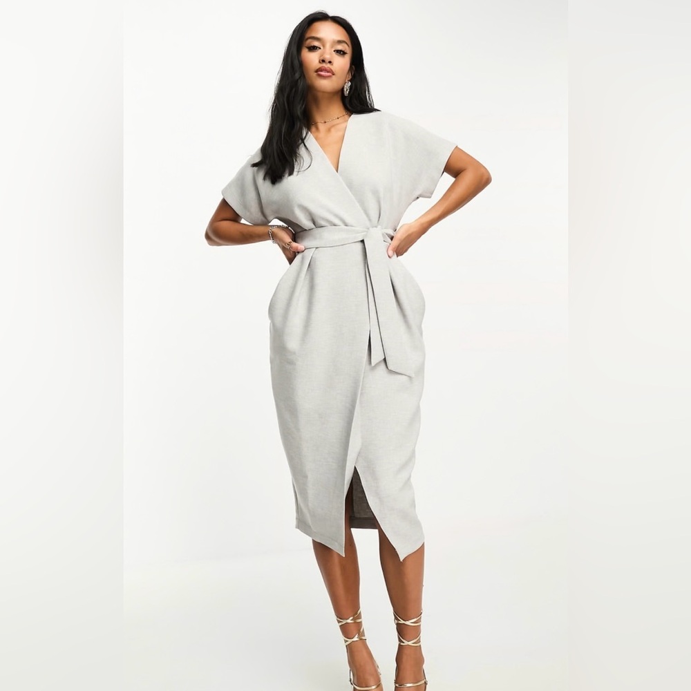 ASOS Closet London kimono faux wrap dress in gray, size 4P